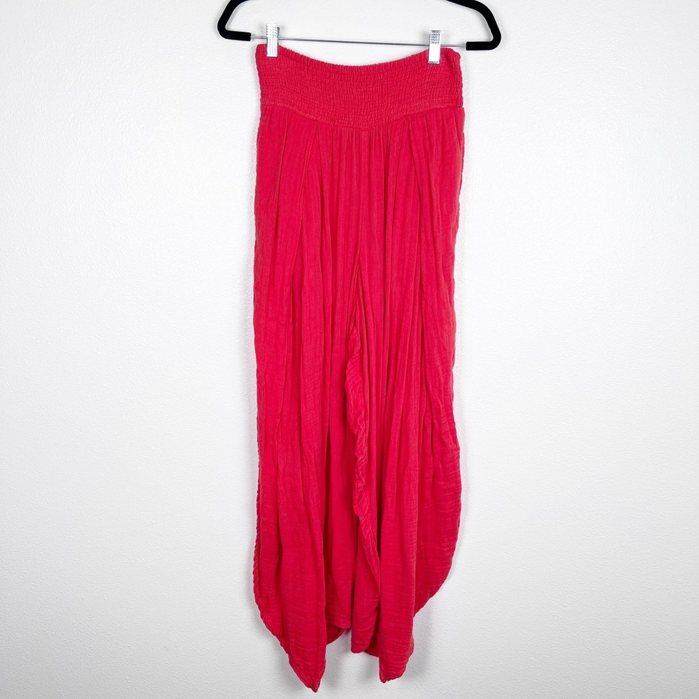 Free People Red Cotton Gauze High Rise Smocked Wide Leg Pants Women S